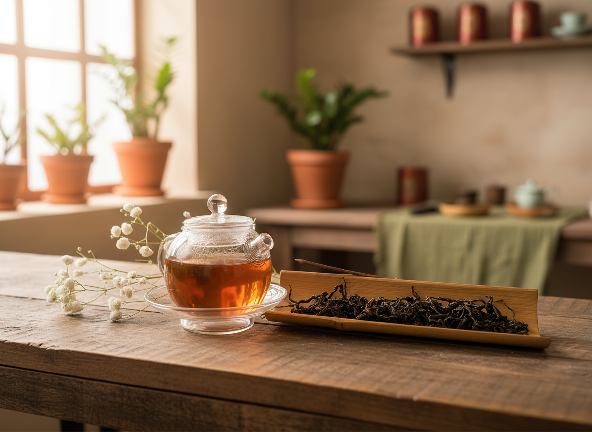 Glass teapot with freshly brewed black tea beside loose leaf black tea on a wooden table in warm daylight.