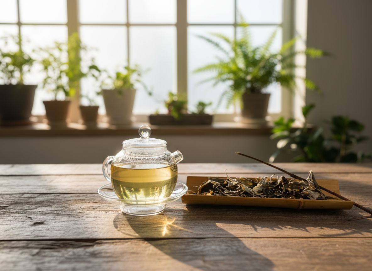 Glass teapot with brewed white tea and loose tea leaves on a wooden table, with green plants in the sunlight in the background.