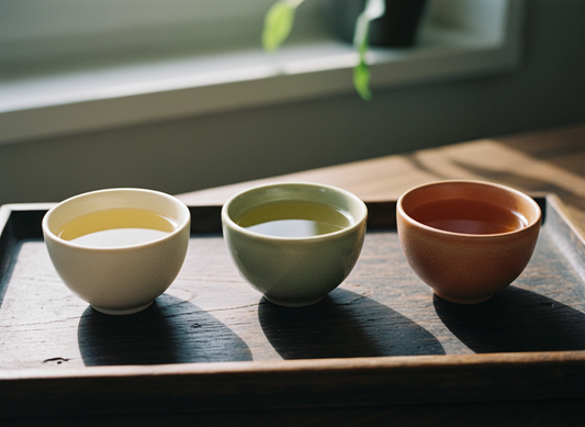 Three cups of tea showing white, green and black tea color differences