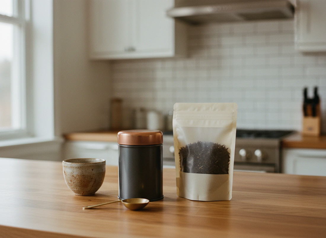 Airtight tea tin and loose leaf tea pouch on a wooden counter for proper tea storage