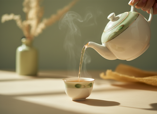 Green tea being poured into a glass teapot – brewing with the right temperature and steeping time.