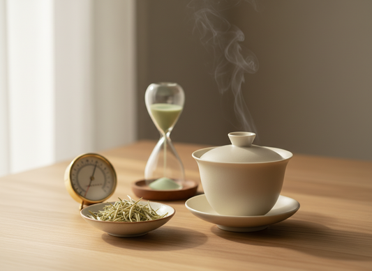 Minimalist photo of a gaiwan and pale white tea on a wooden table in soft morning light, with gentle steam, white tea leaves, and a subtle thermometer in the background.