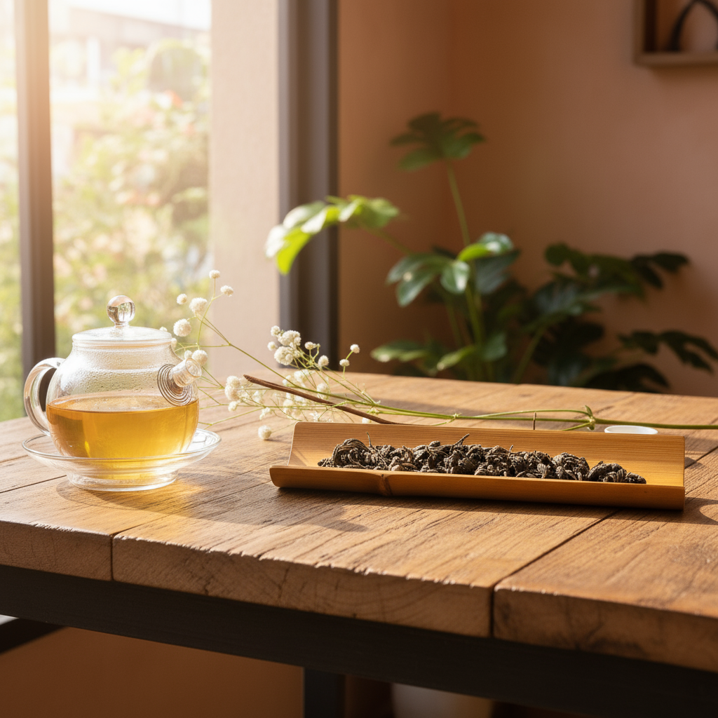 Glass teapot with brewed green tea and loose tea leaves on a wooden table in warm sunlight.