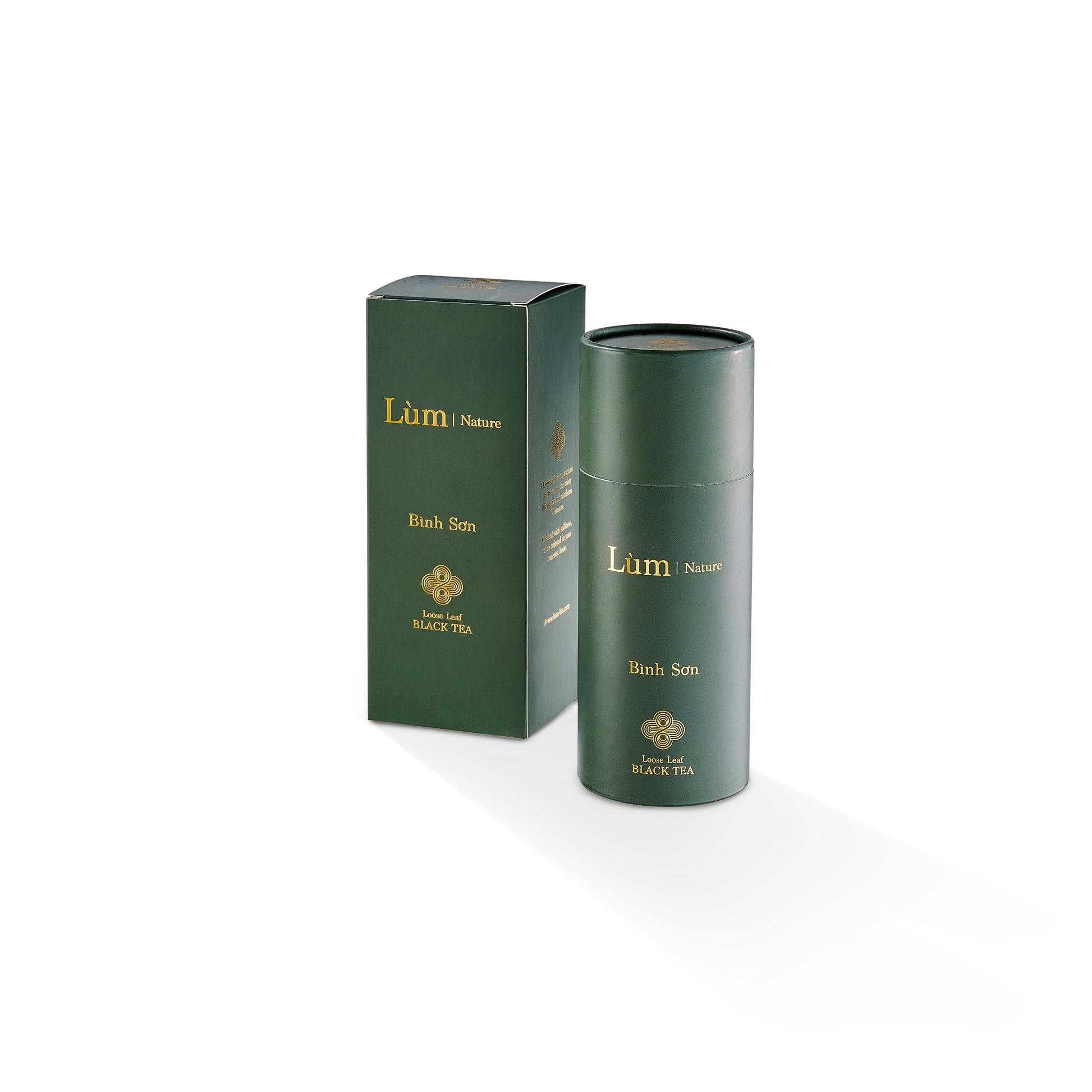 Lùm Nature Binh Son loose leaf black tea tin and box packaging on white background